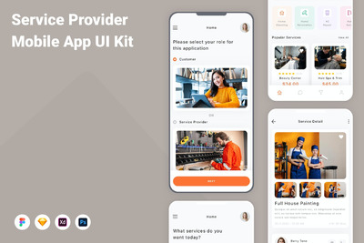 服务提供商移动应用 App UI Kit (FIG,PSD,SKETCH,XD)