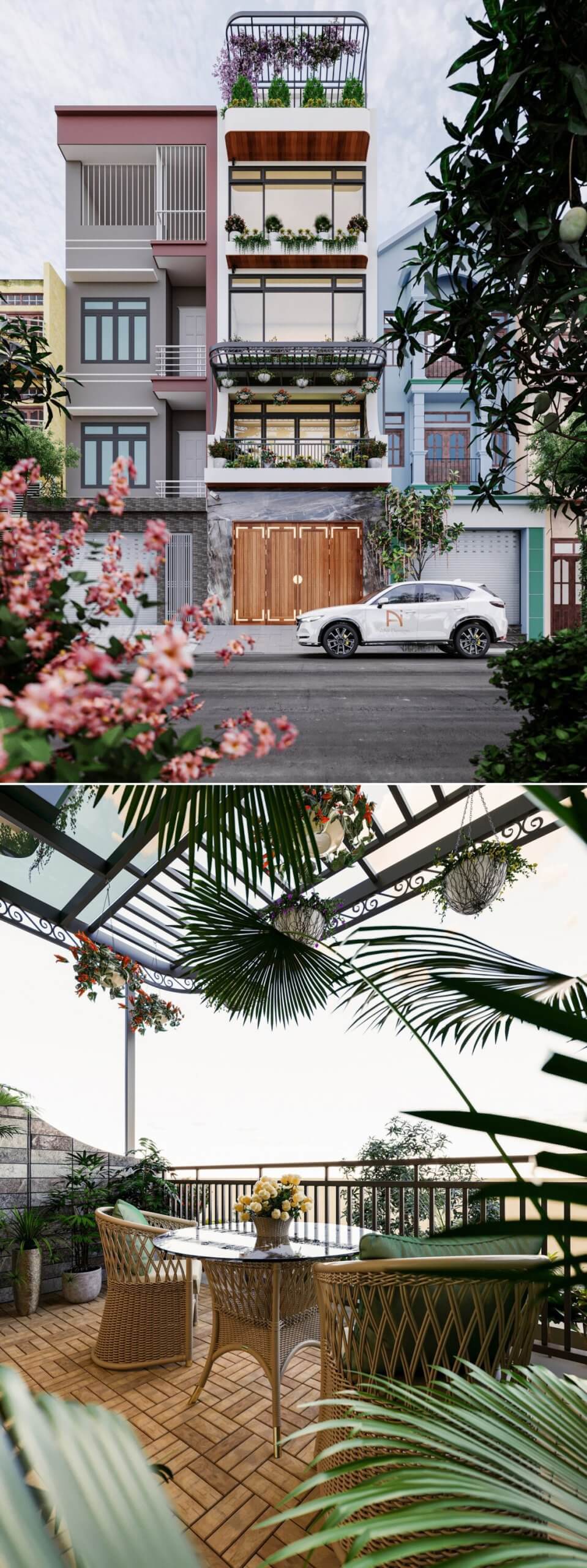 被绿植花丛装点的房屋外观 楼房外部场景3D模型（MAX）