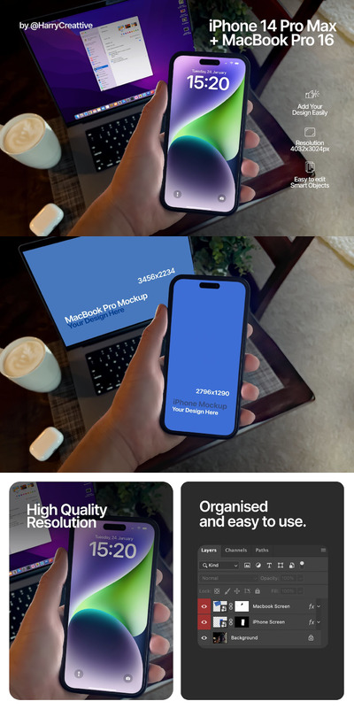 iPhone 14 Pro Max和MacBook Pro样机模板 (PSD)