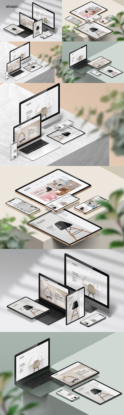 等距响应式屏幕苹果产品样机 (PSD,JPG)