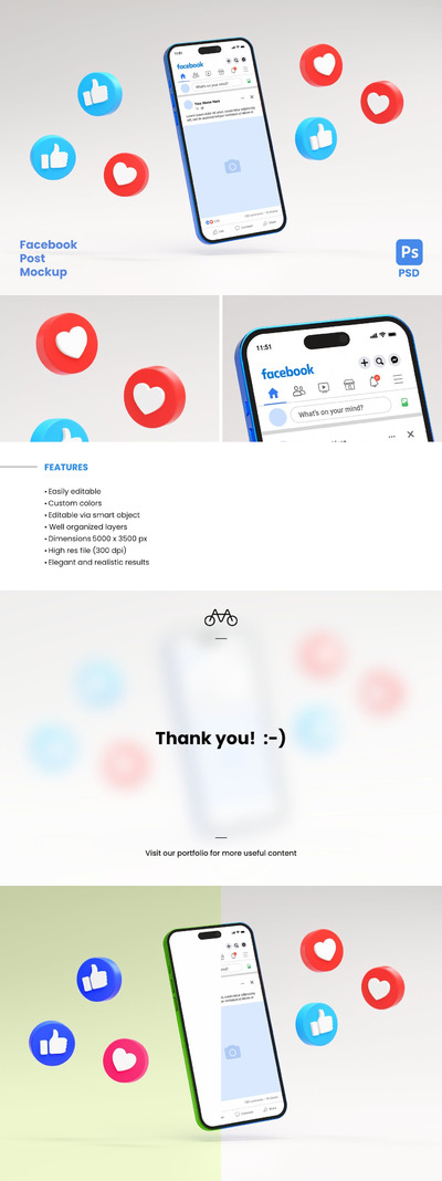 Facebook帖子手机屏幕样机 (PSD,JPG)