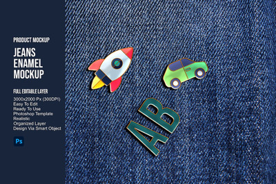 牛仔裤搪瓷别针徽章设计样机 (JPG,PSD)
