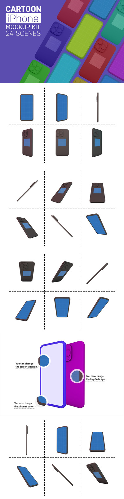 卡通风格屏幕UI展示iPhone手机样机 (PSD)
