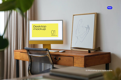 办公木桌iMac台式电脑M1样机模板 (PSD)