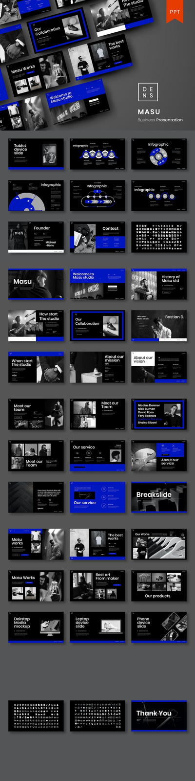 蓝黑主题高端排版ppt模板 (PPTX)