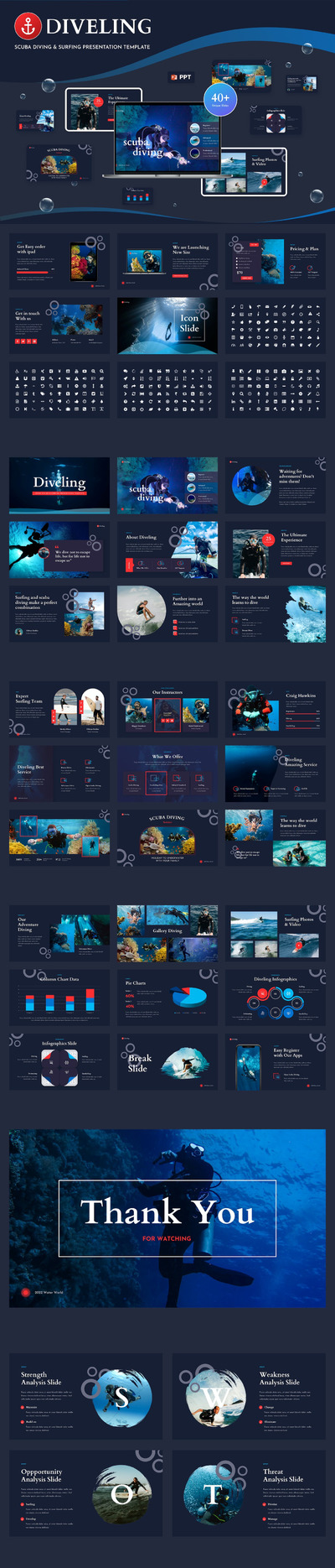 水肺潜水和冲浪ppt模板 (PPTX)