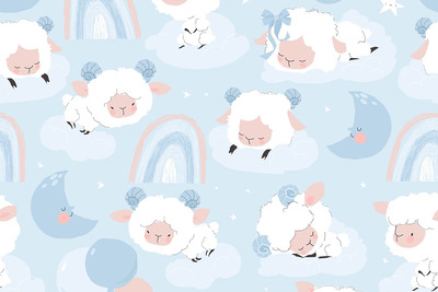 矢量无缝图案，可爱的羔羊在睡觉 (AI,EPS,JPG,PNG)