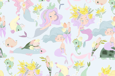 矢量无缝图案搭配可爱的美人鱼 (AI,EPS,JPG,PNG)