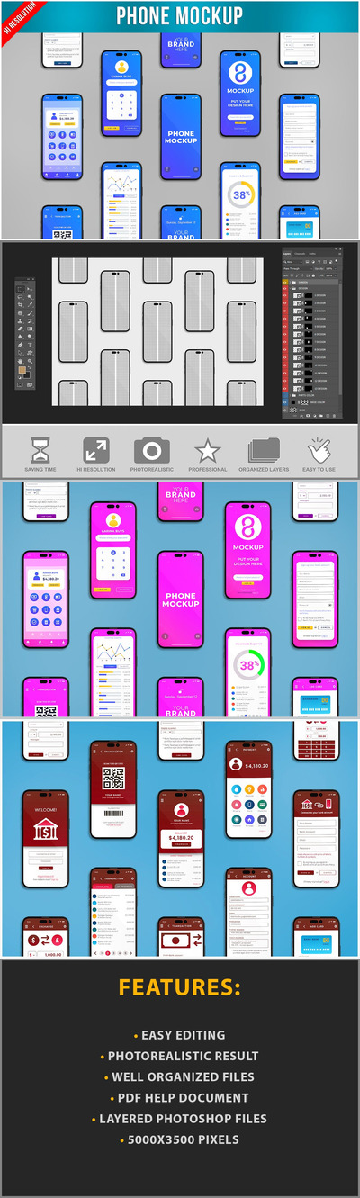 手机实物模型设置屏幕Ui Ux俯视图样机 (PSD)