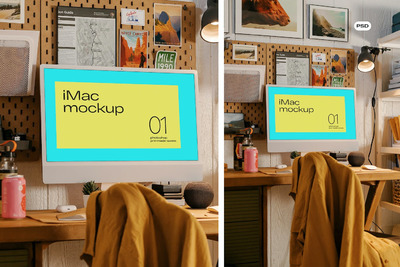办公场景iMac一体电脑样机模板 (PSD)