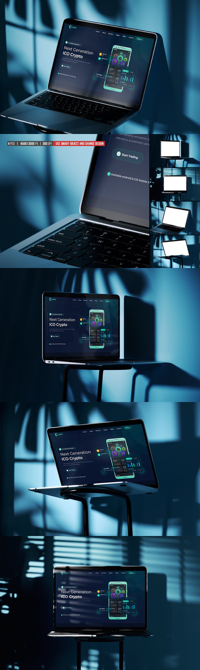 靠墙阴影笔记本电脑MacBook样机模板 (PSD)