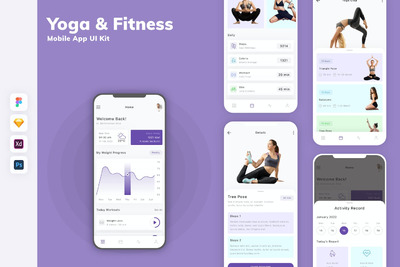 瑜伽与健身手机APP UI KIT (SKETCH,FIG,XD,PSD)