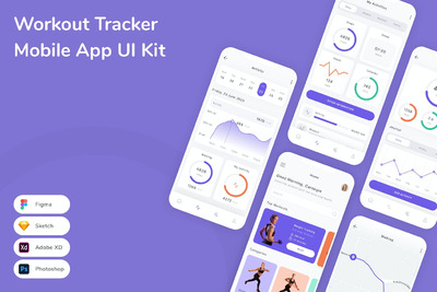 锻炼追踪手机APP UI KIT (SKETCH,FIG,XD,PSD)