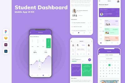 学生仪表板移动应用APP UI KIT (SKETCH,FIG,XD,PSD)