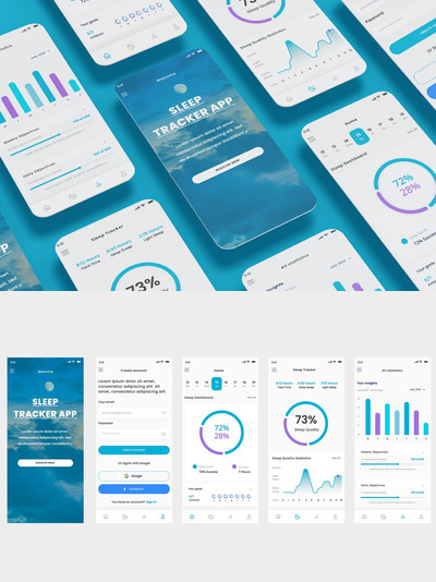 睡眠跟踪器、睡眠与健康跟踪应用APP UI KIT (FIG,SKETCH,PSD,XD)