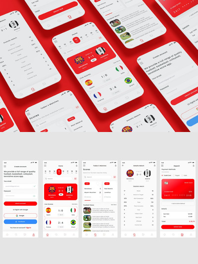 体育、足球、足球、比赛和实时比分应用APP UI KIT (FIG,SKETCH,PSD,XD)