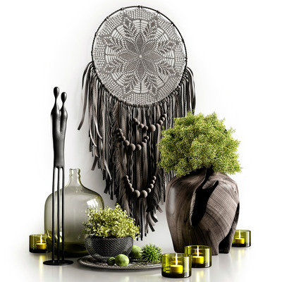 包含花边流苏 绿植盆景 花瓶和烛台的装饰组合3D模型（MAX）