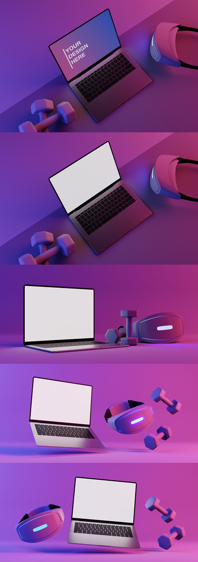 运动VR元素笔记本电脑样机模板 (PSD,JPG)