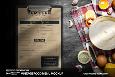 复古夹板食物菜单设计样机 (PSD)