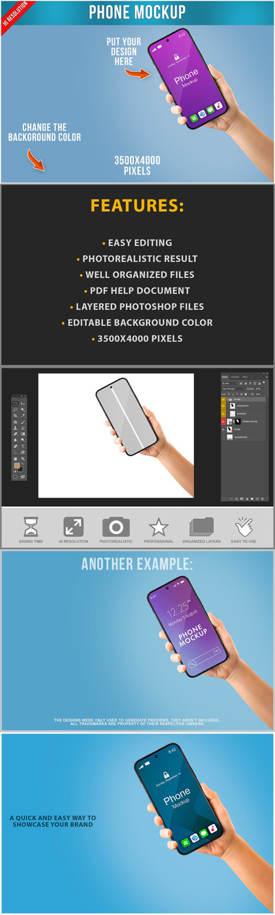 女性手中的电话手机页面展示样机 (PSD)