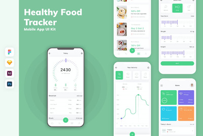 健康食品和跟踪器移动APP UI KIT (SKETCH,FIG,XD,PSD)