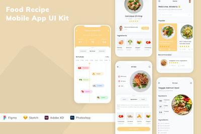 美食食谱手机应用APP UI KIT (SKETCH,FIG,XD,PSD)