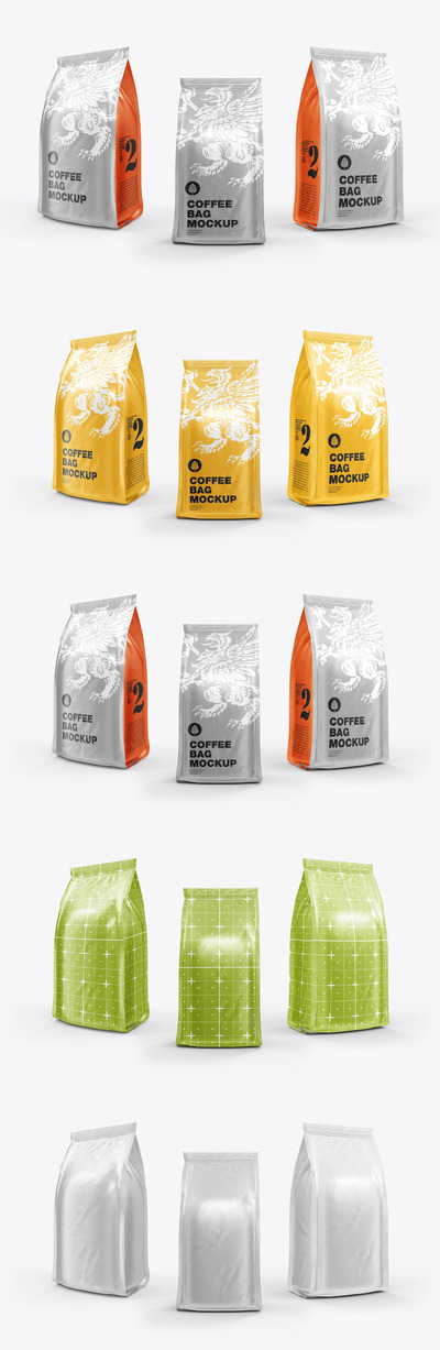 3个金属咖啡袋包装样机套装 (PSD)