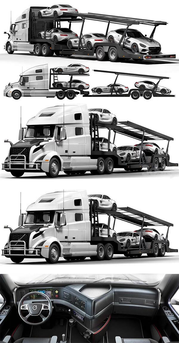 带驾驶室内饰细节的沃尔沃Volvo拖车卡车货车3D模型下载（FBX,Blend,Max）