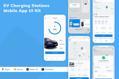 电动汽车充电站移动应用APP UI KIT (SKETCH,FIG,XD,PSD)