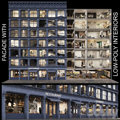 带low poly家具和内部装饰的建筑组合3D模型（OBJ,FBX,MAX）