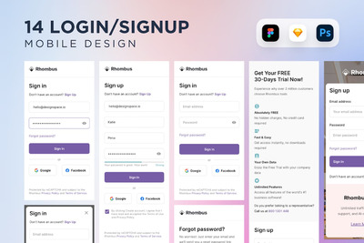 14登录并注册移动设计UI套件 (FIG,PDF,PNG,PSD,SKETCH)