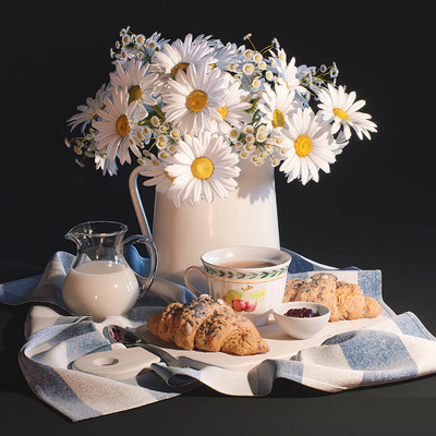 洋甘菊花束 面包 牛奶等食品和装饰组合3D模型（FBX,MAX）