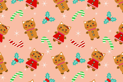 圣诞矢量无缝图案可爱的猫饼干背景 (AI,EPS,JPG)