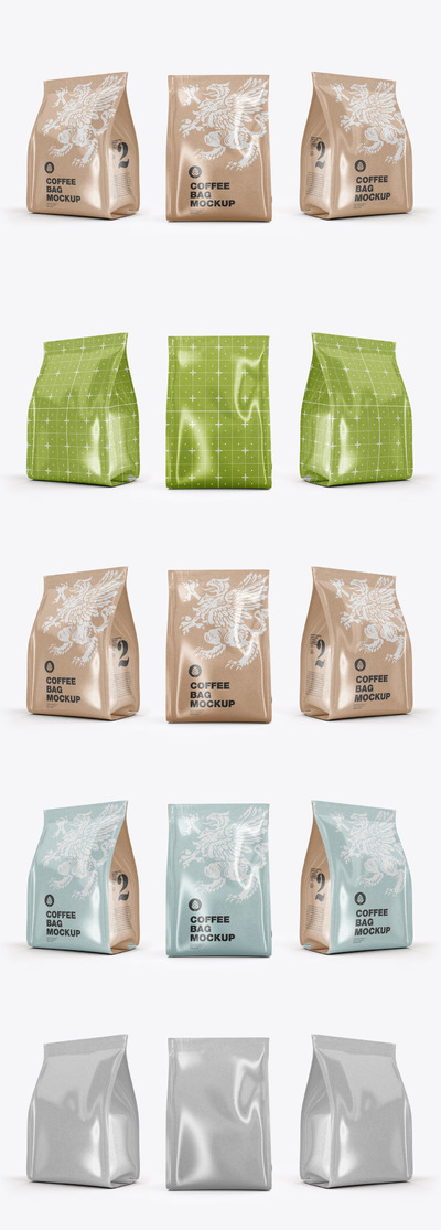 套装3个卡夫咖啡袋实物模型样机下载 (PSD)