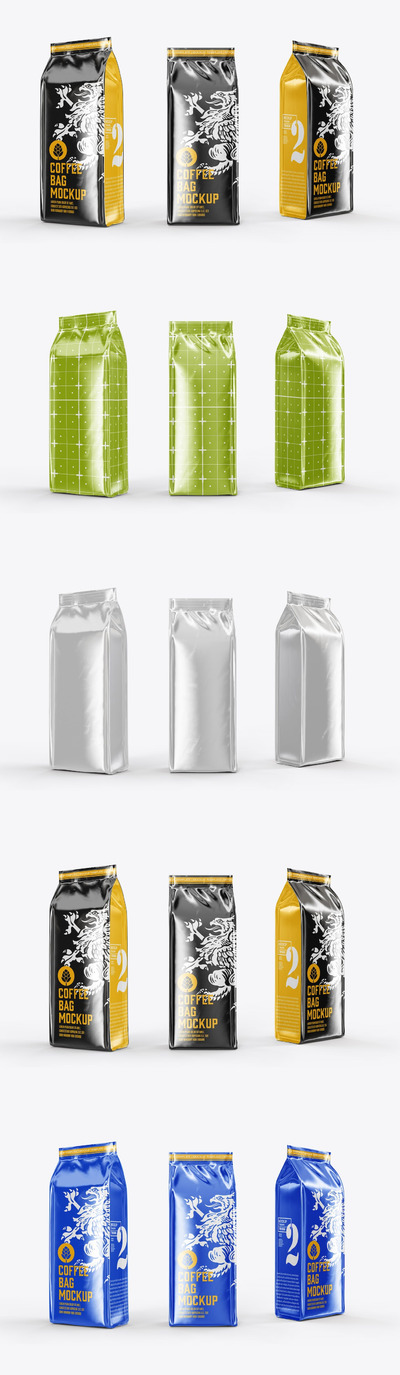 包装3个光泽塑料咖啡袋实物模型样机下载 (PSD)