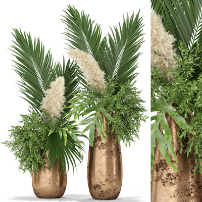 金色装饰花瓶中的绿色枝叶组合3D模型（FBX,MAX）