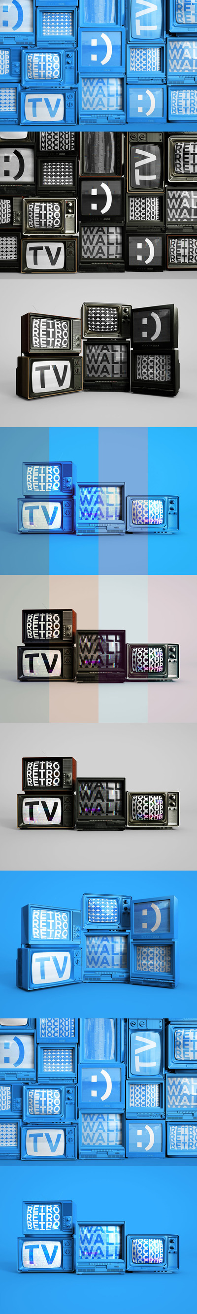 复古电视墙模型样机 (PSD)