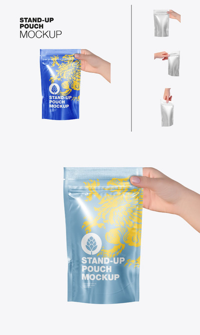 带手模的套装光泽立式包装样机 (PSD)