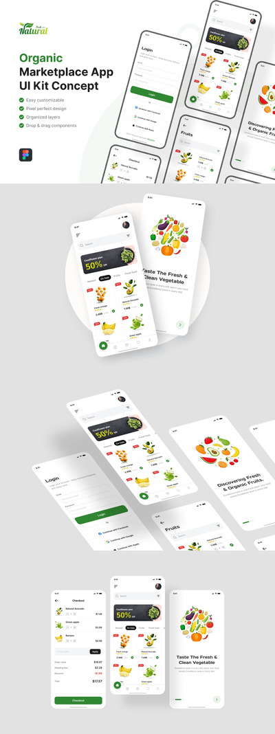 有机蔬菜市场生鲜移动应用App UI Kit (FIG)