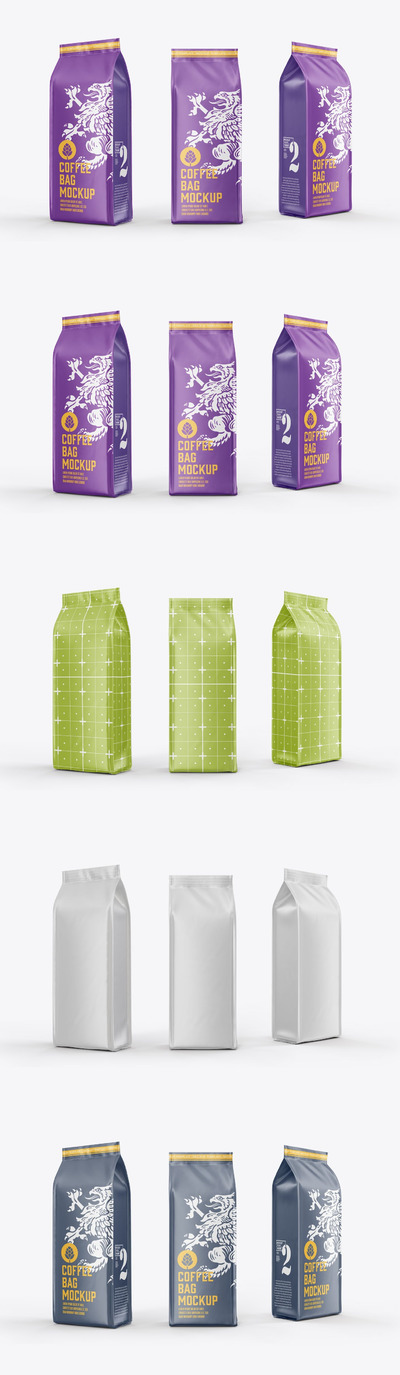 3个哑光塑料咖啡袋包装样机 (PSD)