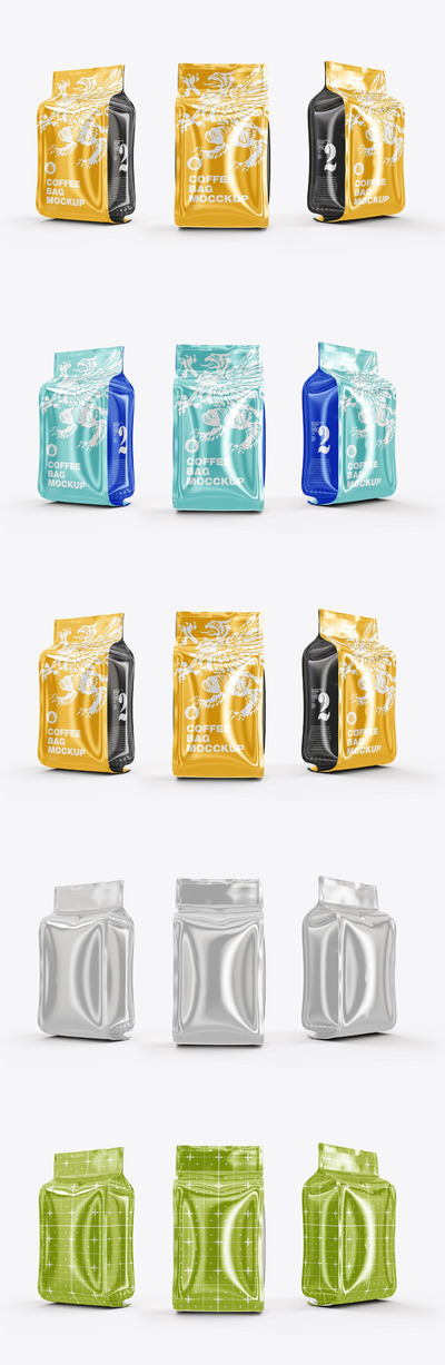 3个光泽塑料咖啡袋包装样机 (PSD)