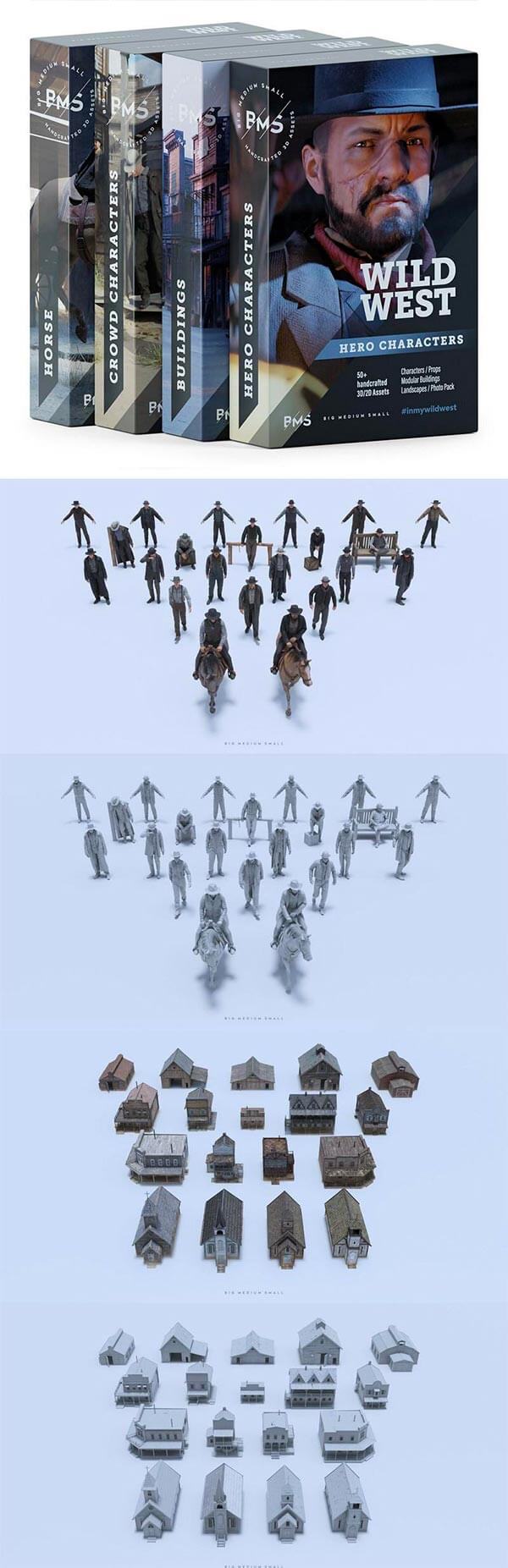 荒野大镖客西部风格人物与建筑3D模型套装下载（Blend, OBJ, FBX）