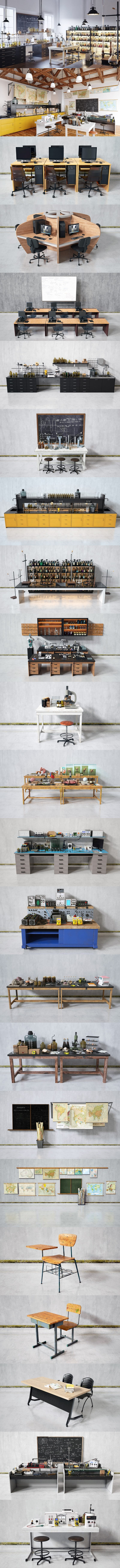 C4D实验室工作室元素设置3D模型套装下载（FBX,OBJ,C4D）