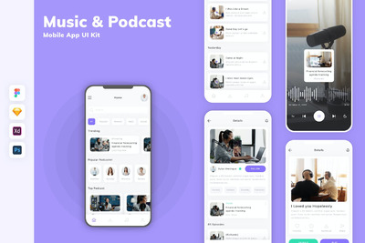 音乐和播客移动应用APP UI KIT (SKETCH,FIG,XD,PSD)