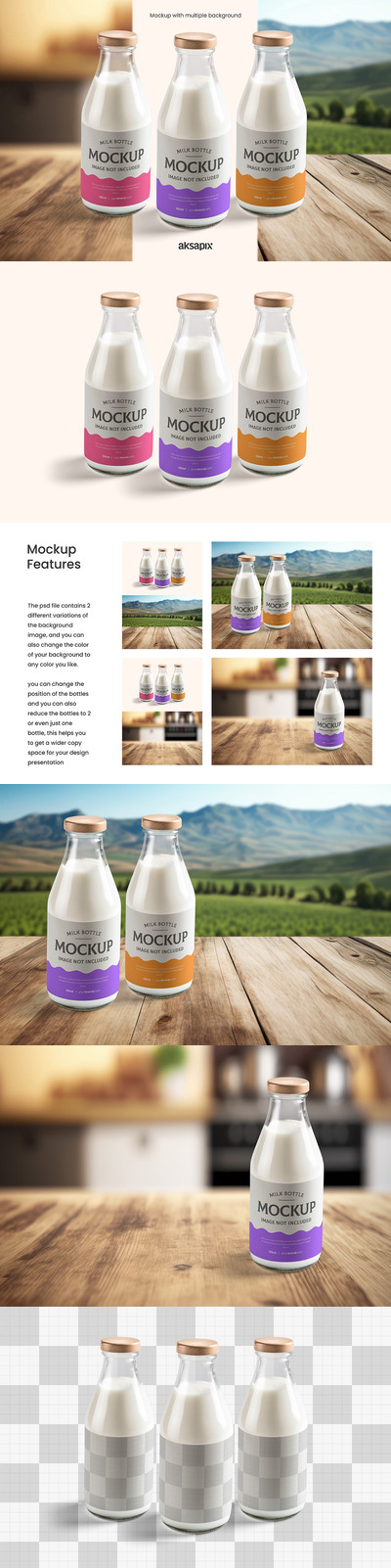 玻璃牛奶瓶包装设计样机 (PSD,JPG)