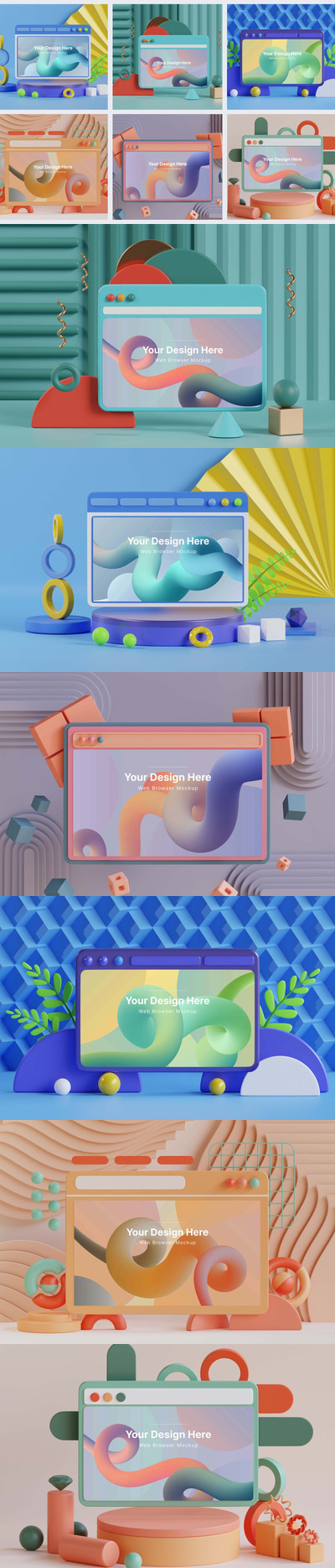 3D元素Web浏览器创意轻型版本网页UI样机 (PSD)