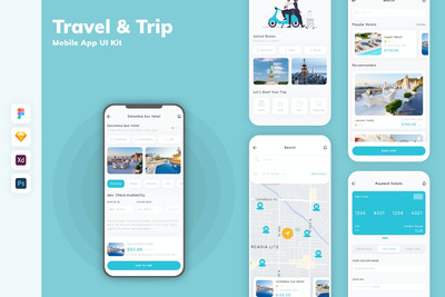旅行和旅行手机应用APP UI KIT (SKETCH,FIG,XD,PSD)