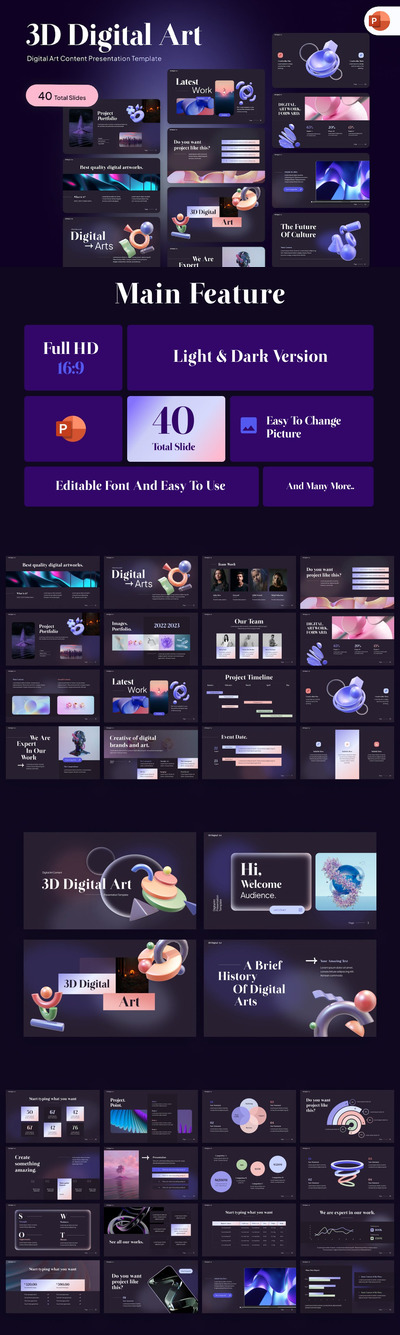 3D数字艺术创意ppt模板 (PPTX)