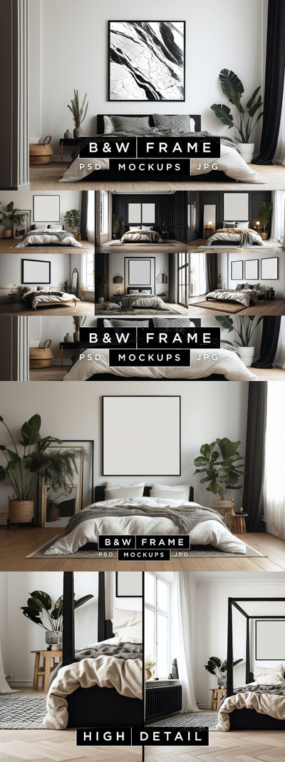 优雅的室内房间黑白相框样机 (PSD,JPG,1.05GB)