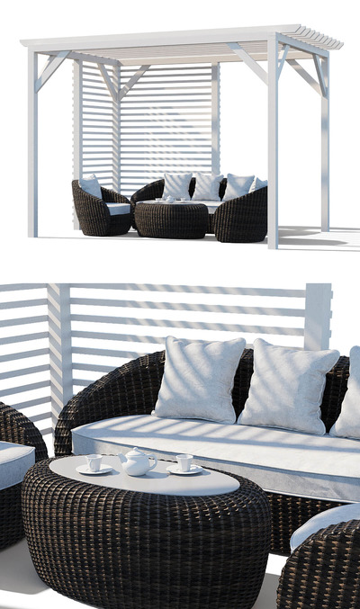 带户外沙发茶几家具的凉棚3D模型（OBJ,MAX）